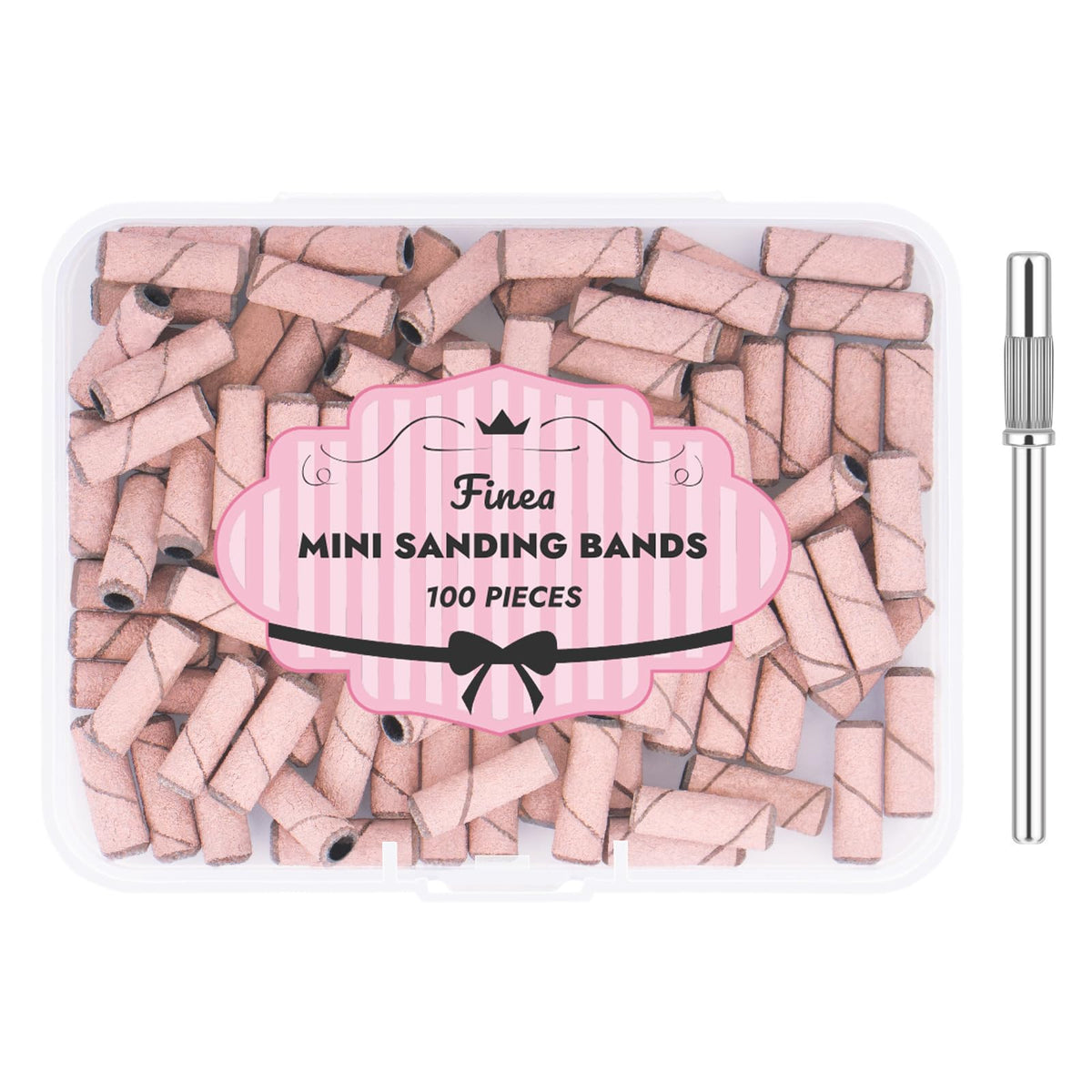 Finea nail drill bits set with 180 grit light pink sanding bands for precise cuticle prep.