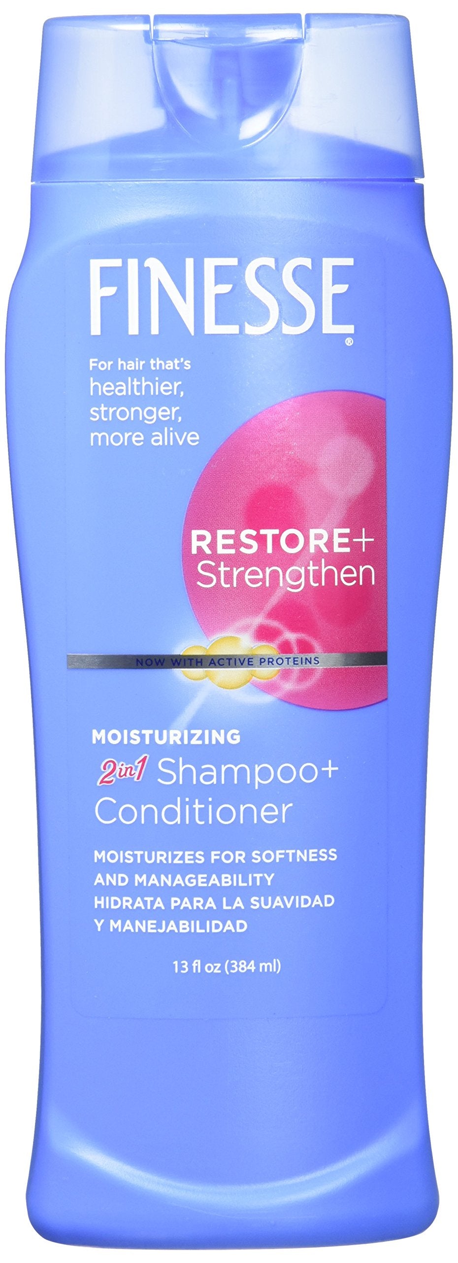 Finesse 2-in-1 moisturizing shampoo bottle for hydrated cleansing and smoother hair.
