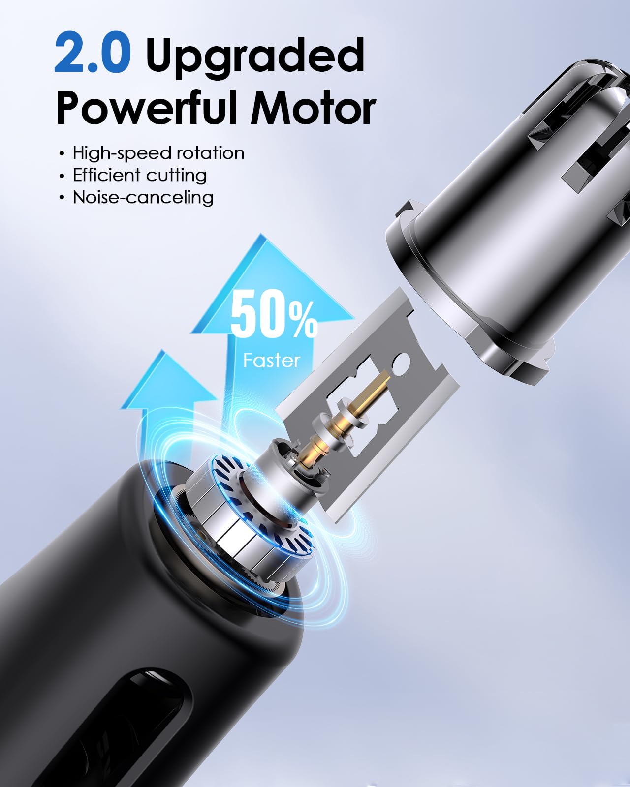 FINETCH nose hair trimmer head with open fence design eases hair entry for thorough cuts.