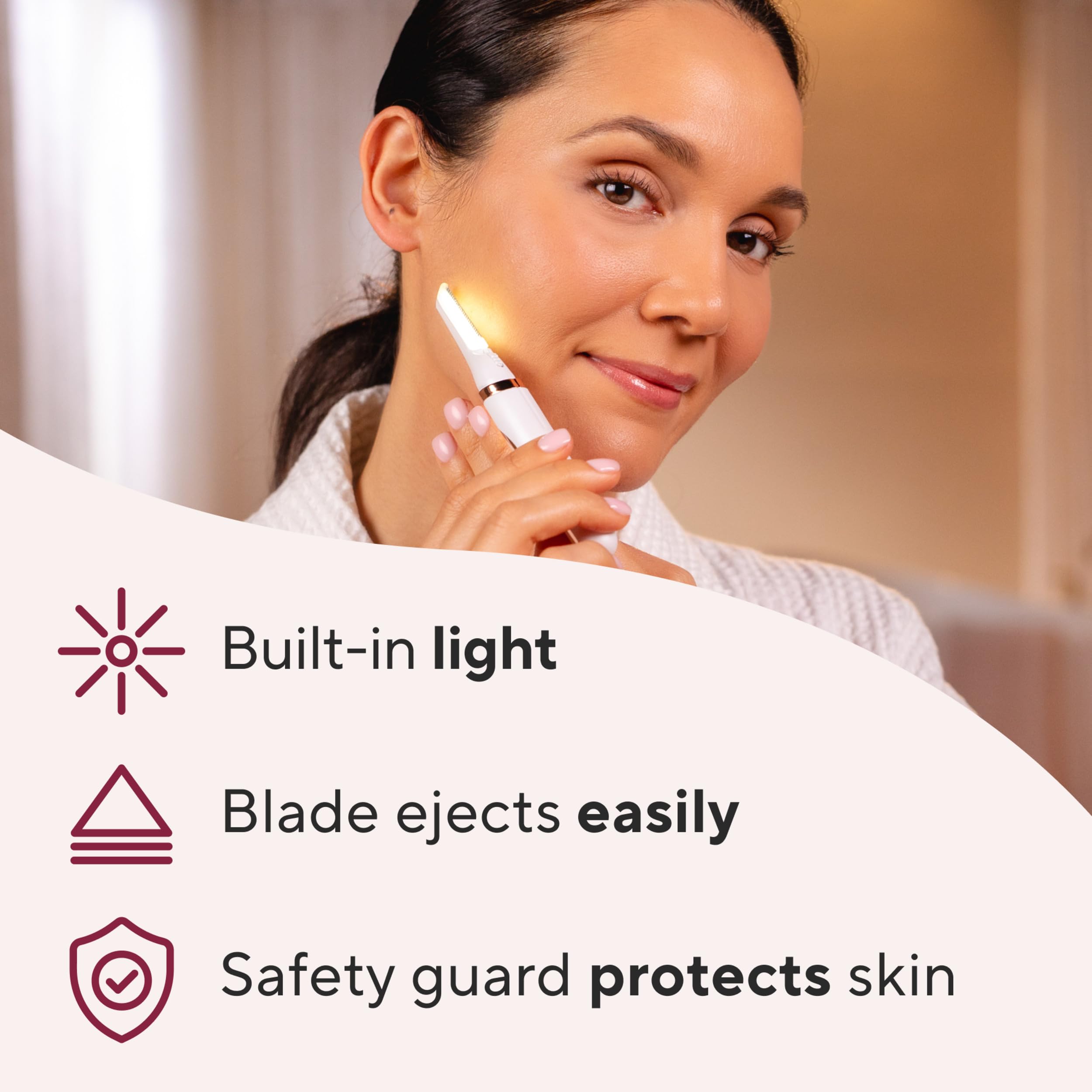 User performs facial dermaplaning with Dermaplane Glo Sonic during use.