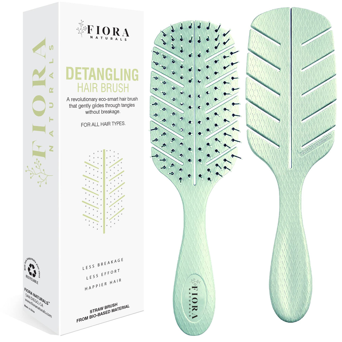 Fiora Naturals detangler brush with ultra-soft-bristles for gentle knot removal.