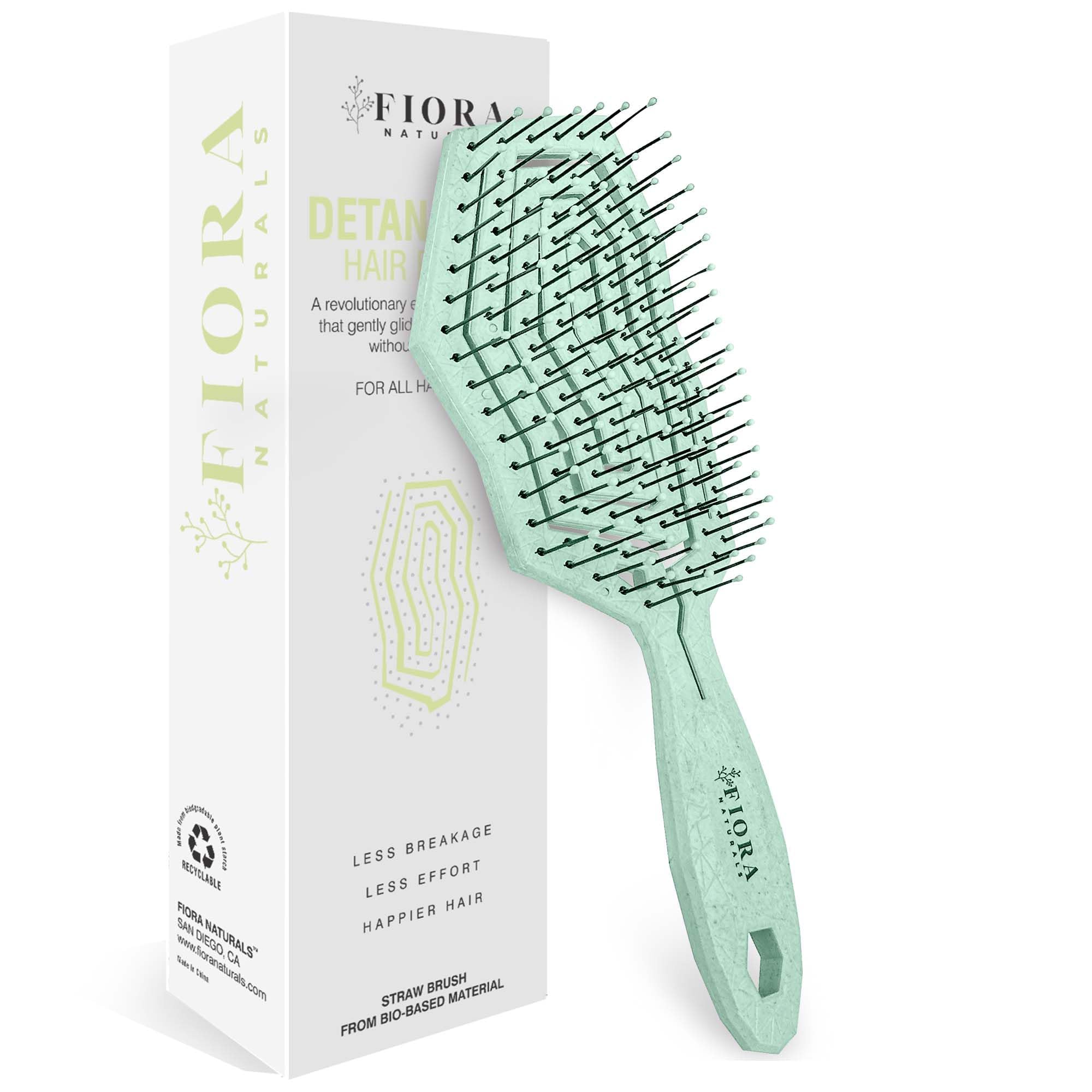 Fiora Naturals detangler brush front view with green finish for gentle detangling