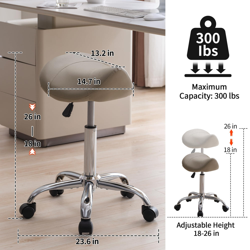 FIRAVOE saddle stool features 360 swivel for easy access around clients.