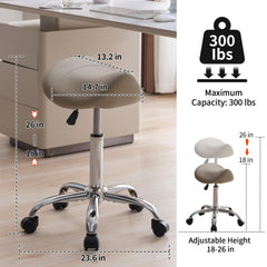 FIRAVOE saddle stool features 360 swivel for easy access around clients.