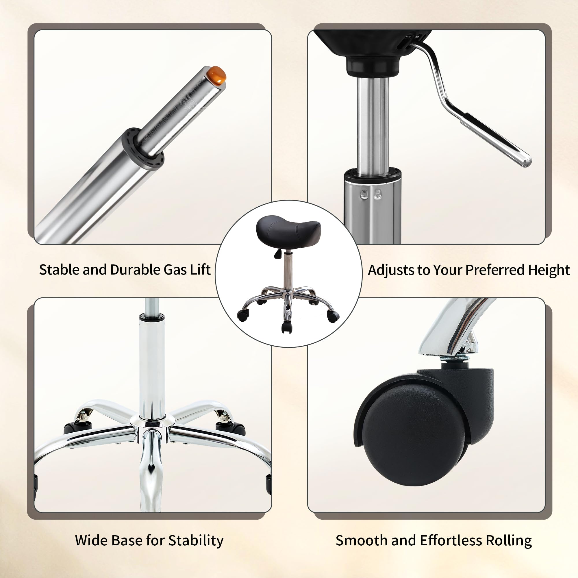 FIRAVOE Saddle Stool five casters enable smooth, quiet floor movement.
