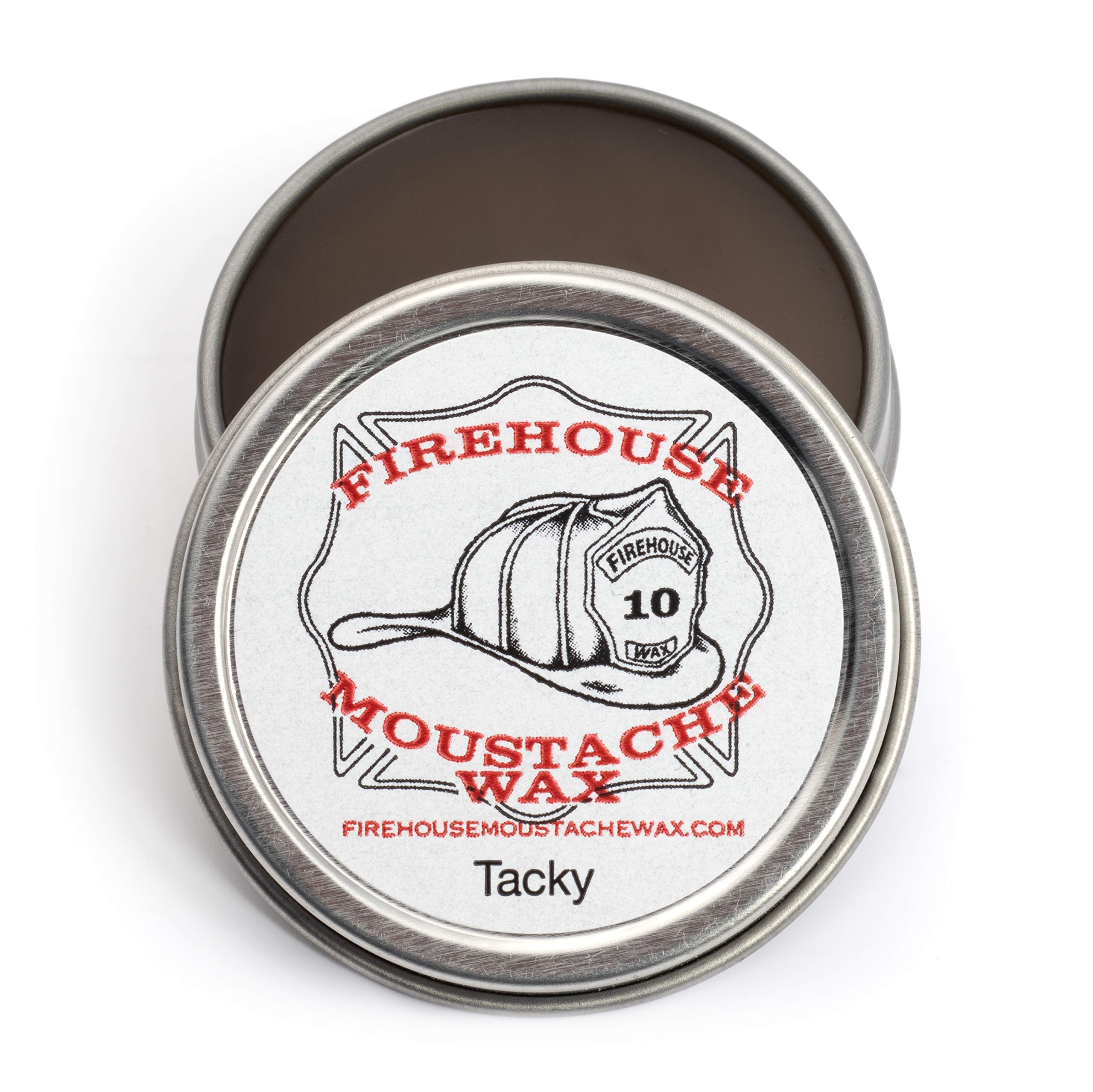 Firehouse Moustache Wax 1-ounce tin, durable all-weather hold.