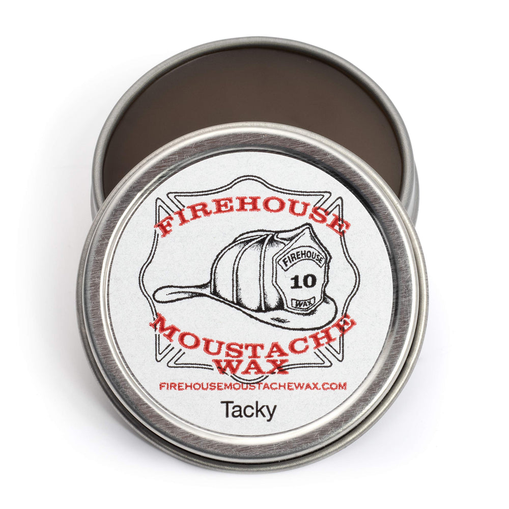 Firehouse Moustache Wax 1-ounce tin, durable all-weather hold.