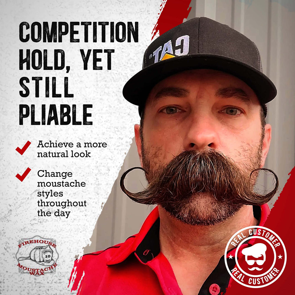 Firehouse Moustache Wax being applied for flexible, adaptable styling.