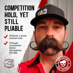 Firehouse Moustache Wax being applied for flexible, adaptable styling.