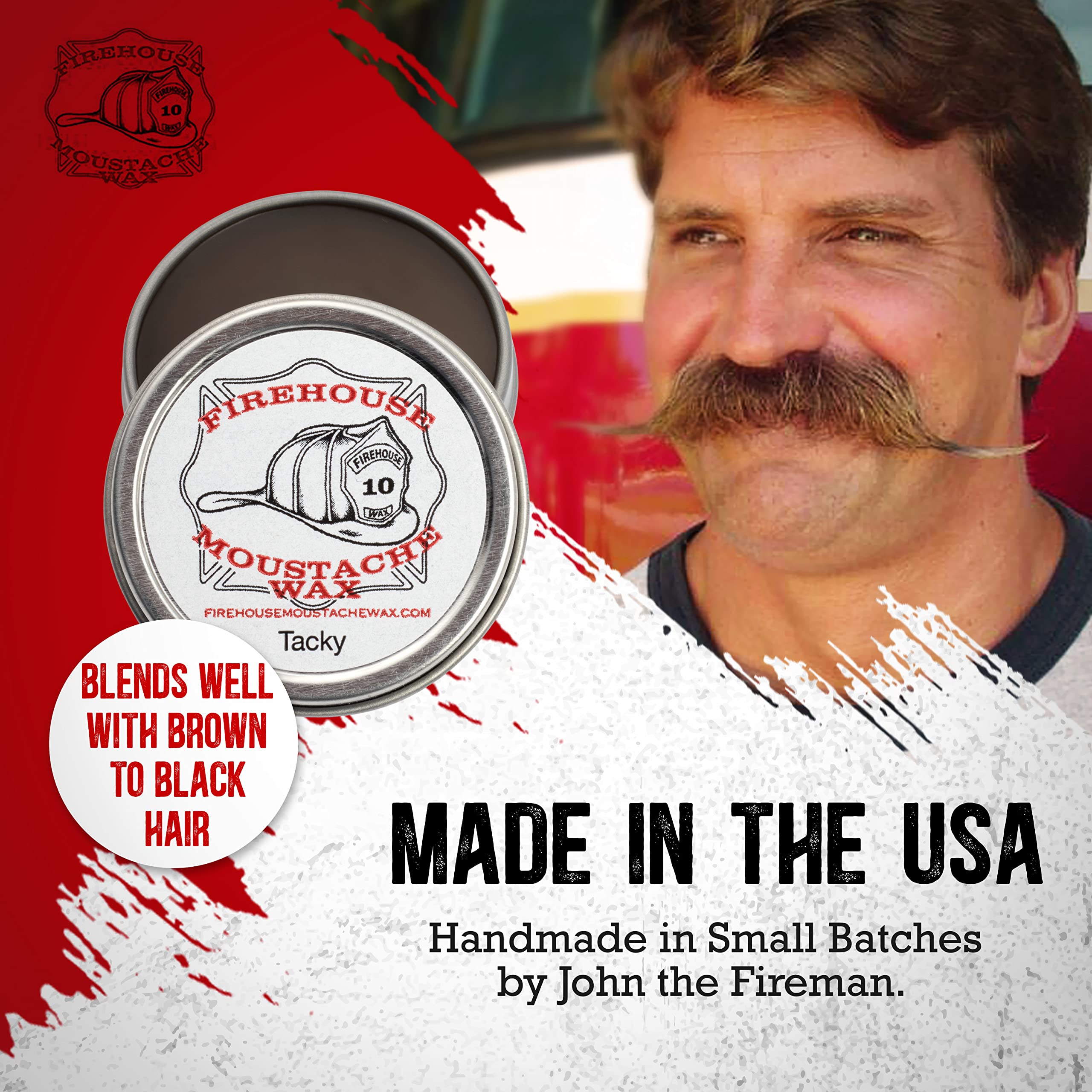Firehouse Moustache Wax in brown color with natural scent in tin.