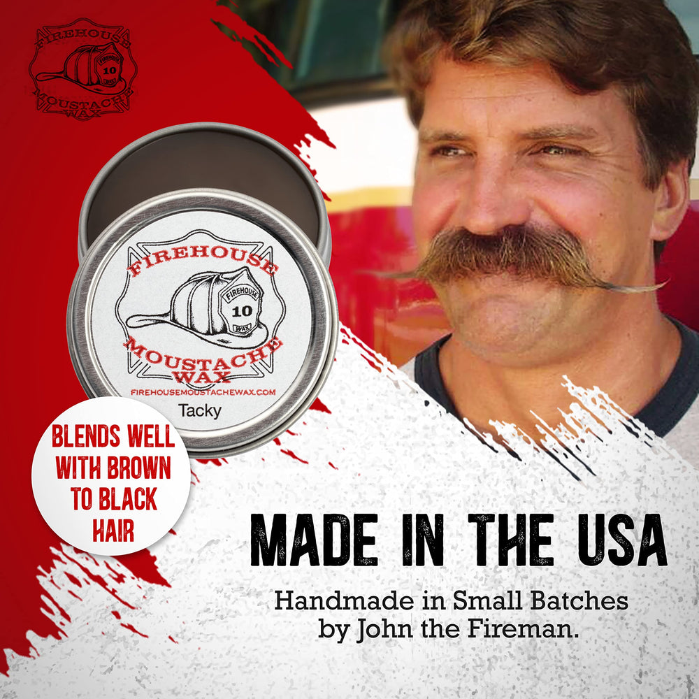 Firehouse Moustache Wax in brown color with natural scent in tin.