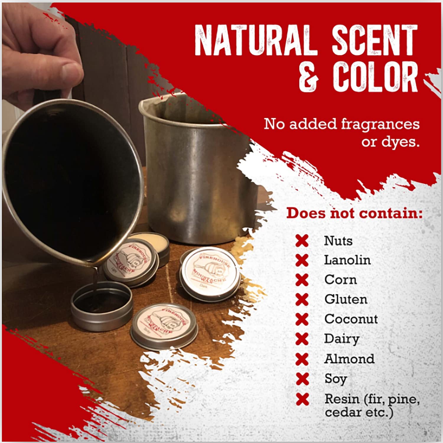 Firehouse Moustache Wax natural color and scent from ingredients.
