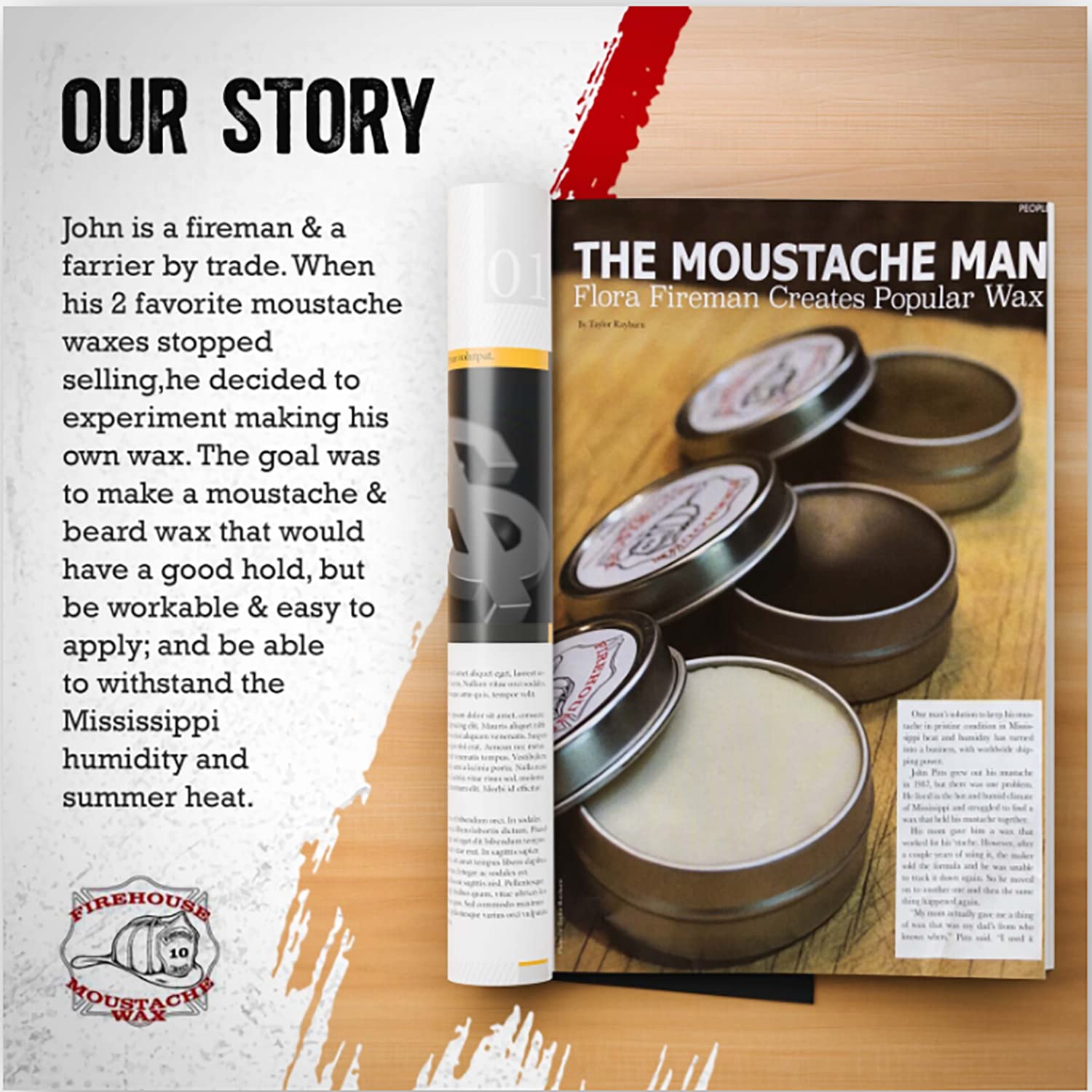 Firehouse Moustache Wax easy application with residue-free removal.