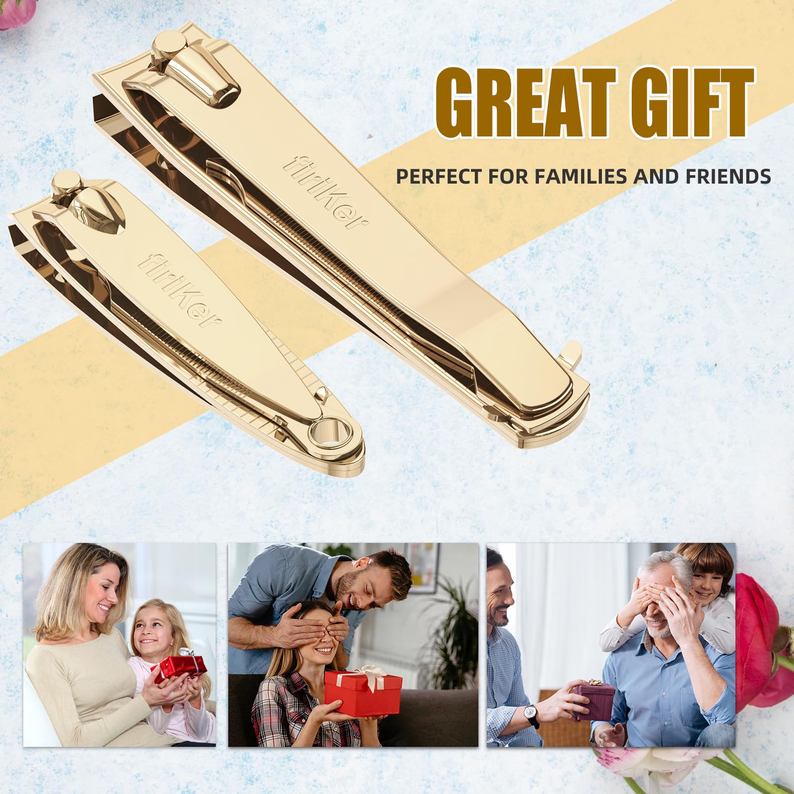 FiriKer built-in fish-scale nail file in gold clipper for smooth nails.