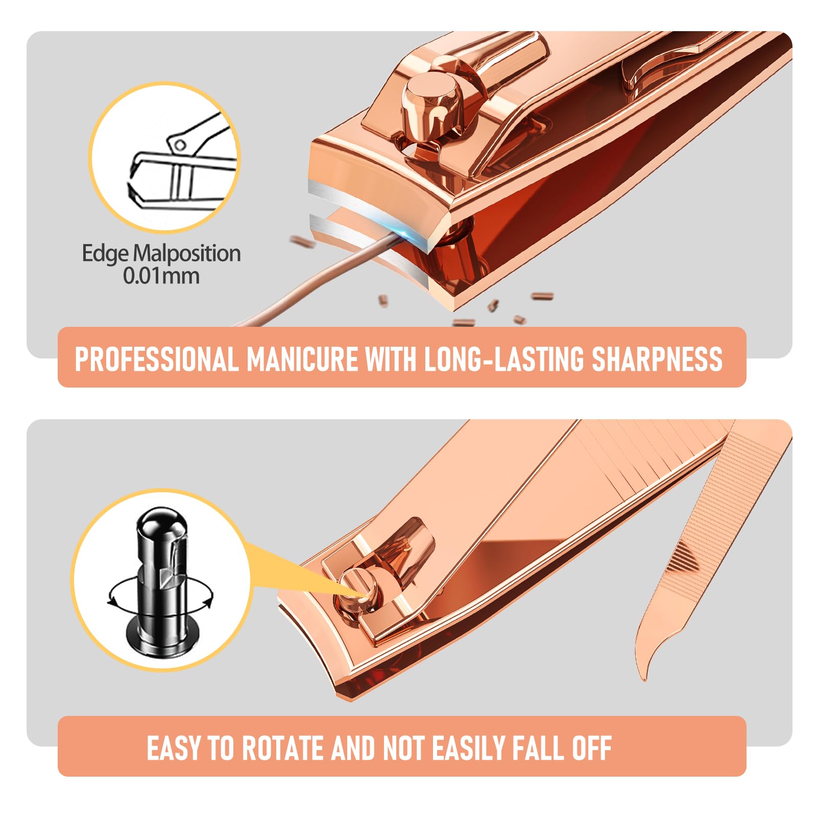Large toenail clipper and small fingernail clipper in rose gold for versatile care.