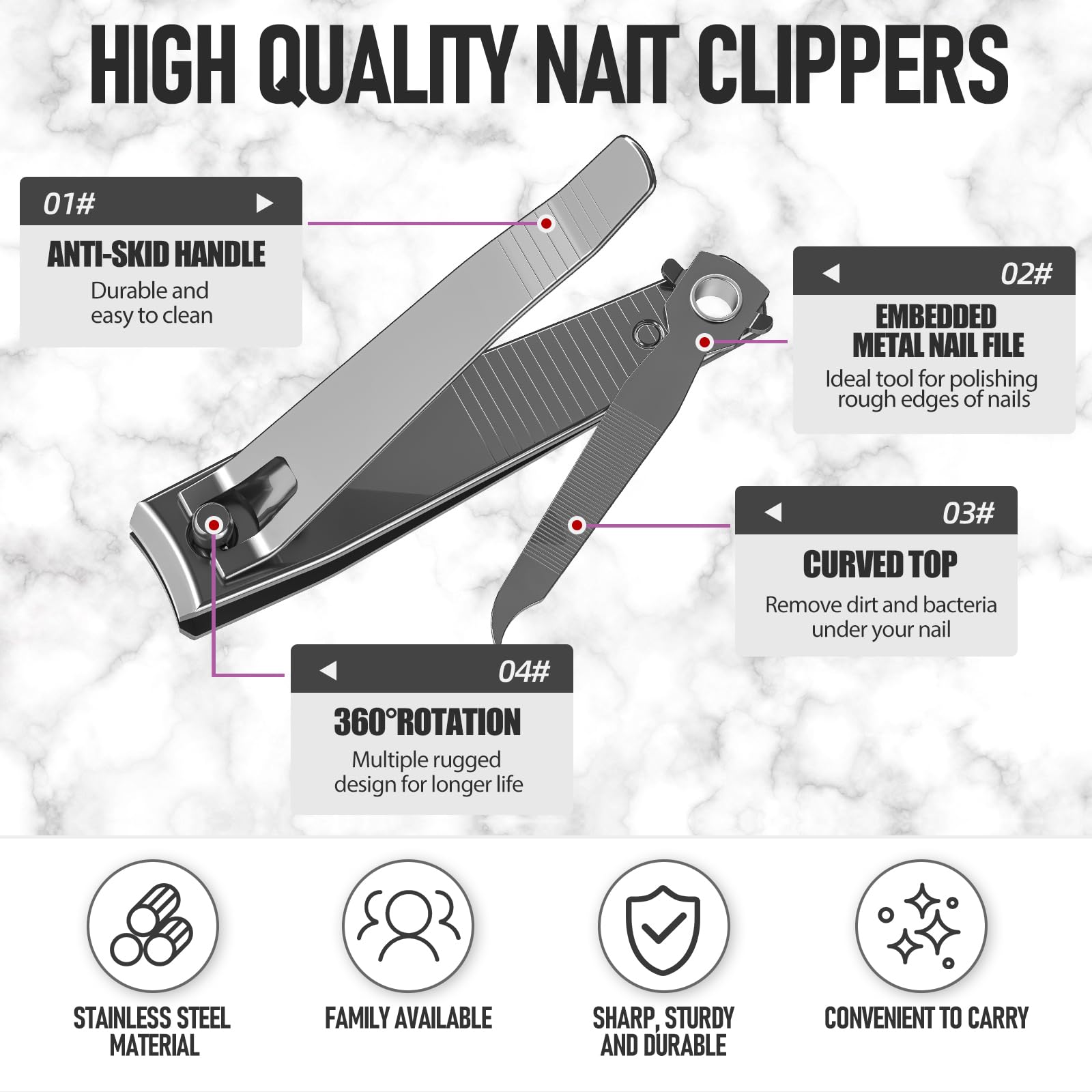 Built-in nail file on FiriKer clipper set for smoothing nails after trim.