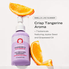 First Aid Beauty Nourishing Body Oil texture shows light, fast-absorbing formula for silky skin.