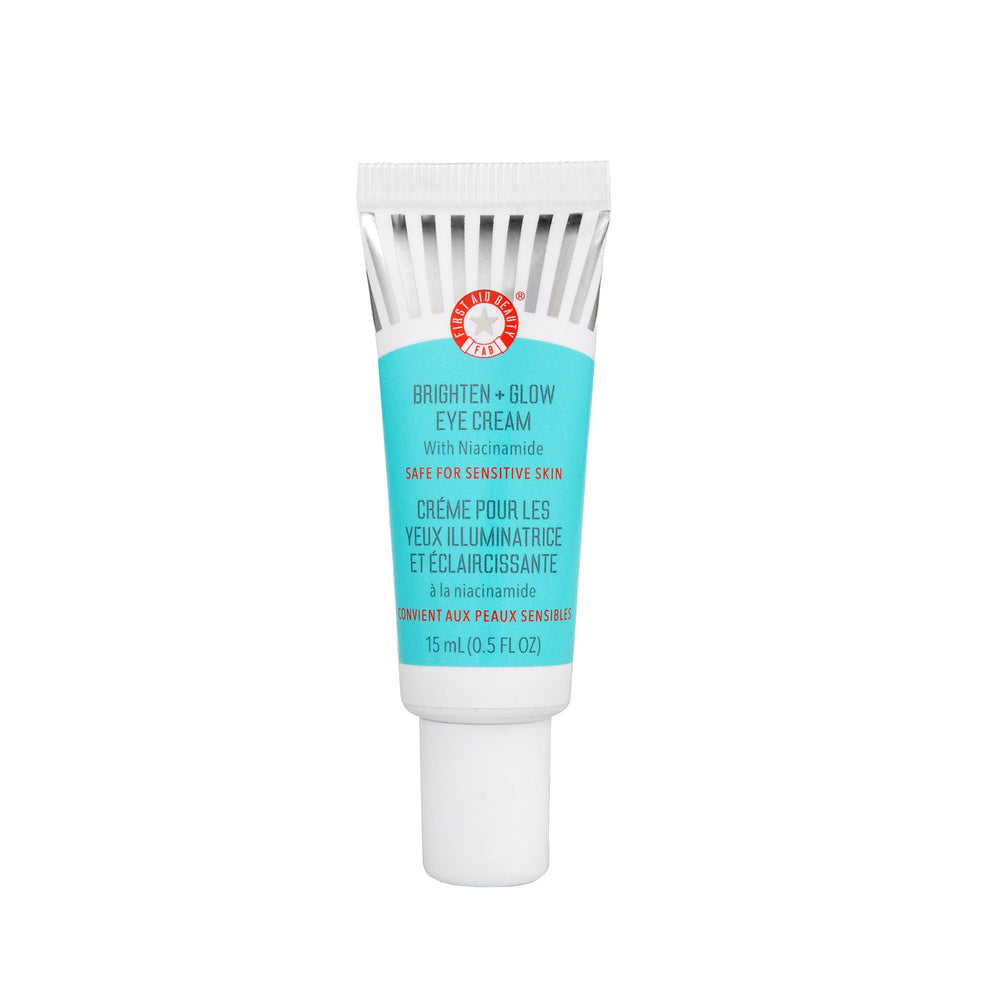 First Aid Beauty Brighten + Glow Eye Cream bottle close-up showing hydration and glow