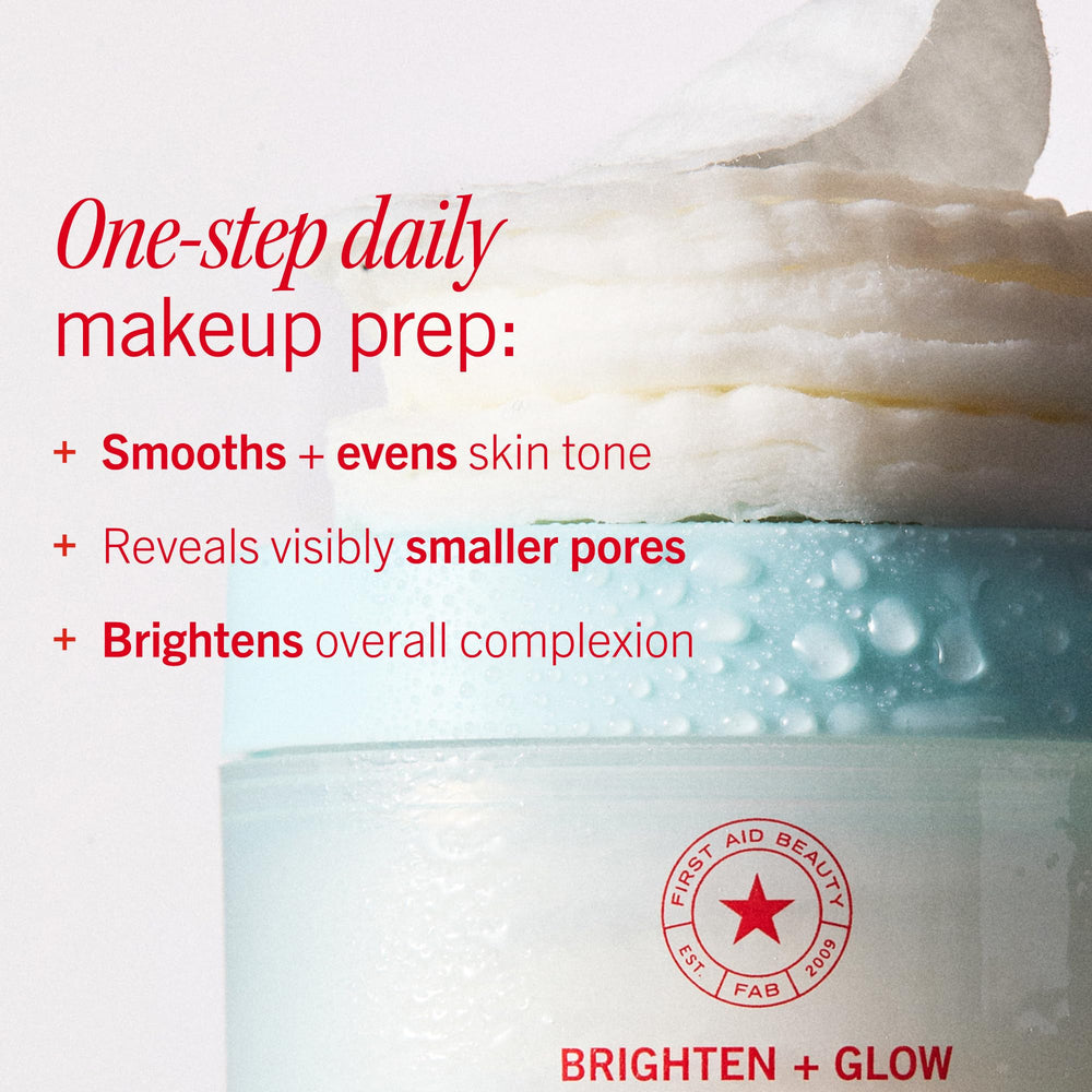 First Aid Beauty facial radiance pads on bathroom shelf highlighting daily routine convenience.