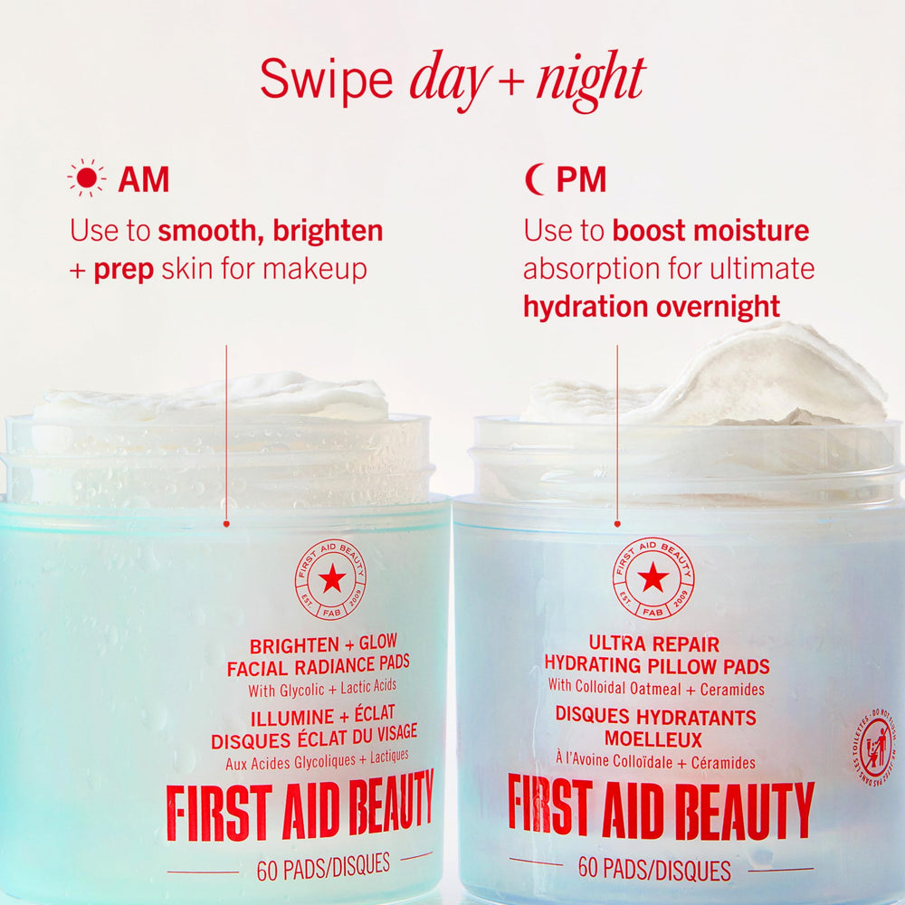 First Aid Beauty facial radiance pads prep skin for makeup application after cleansing.