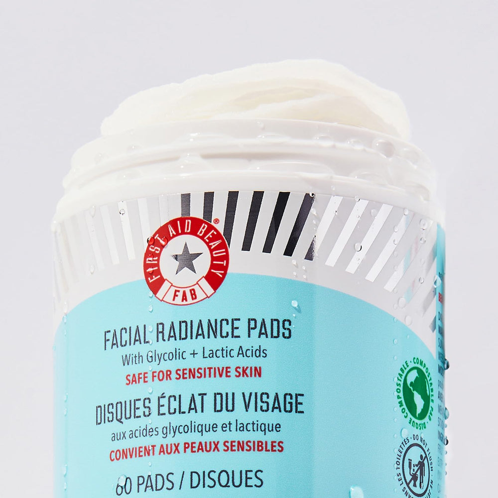 First Aid Beauty Facial Radiance Pads on vanity ready for morning routine
