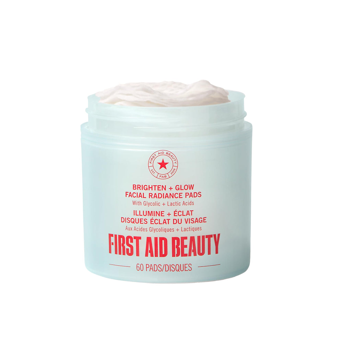 First Aid Beauty facial radiance pads packaging front showing compostable materials for daily exfoliation.