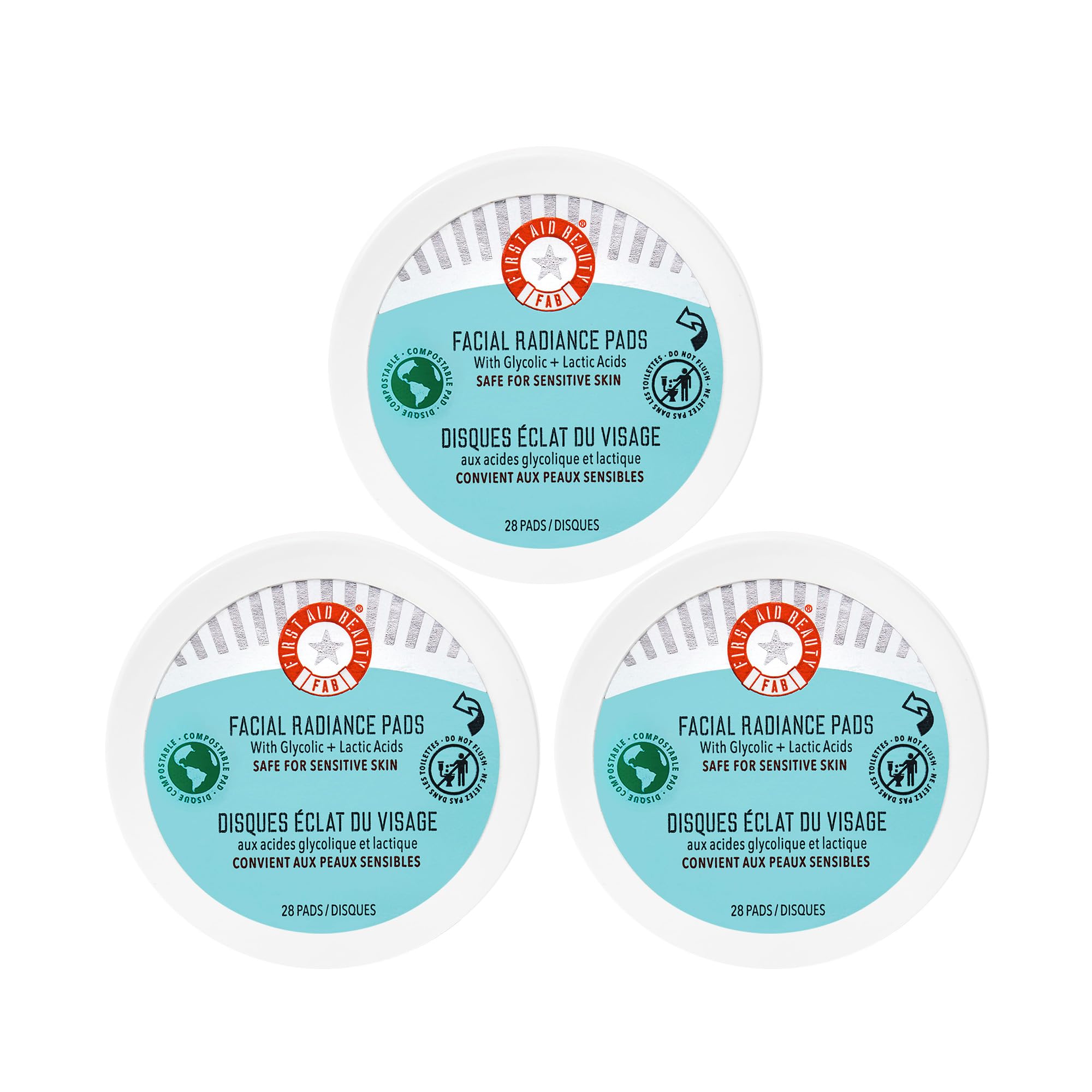 First Aid Beauty Facial Radiance Pads packaging highlights compostable design for daily use