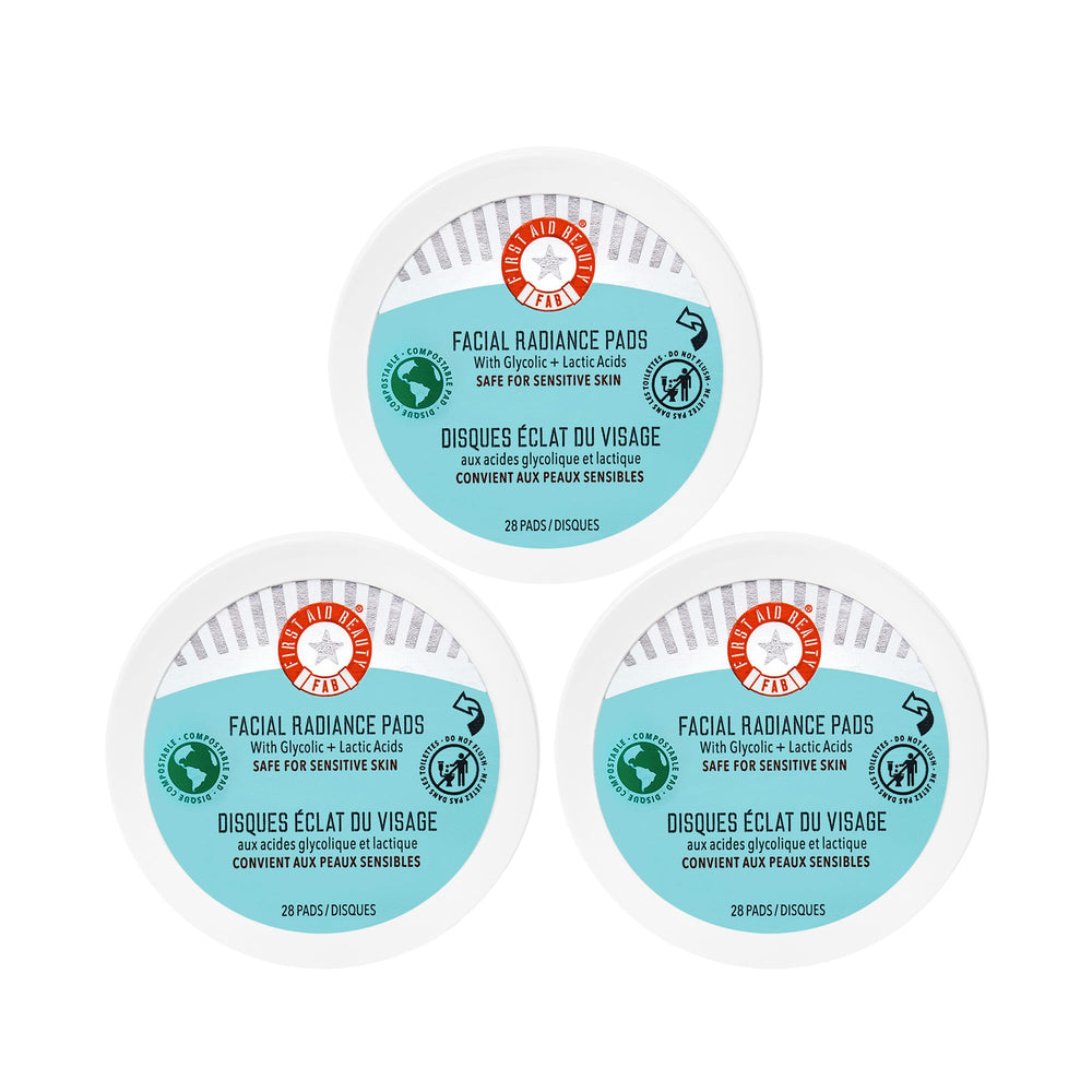 First Aid Beauty Facial Radiance Pads packaging highlights compostable design for daily use