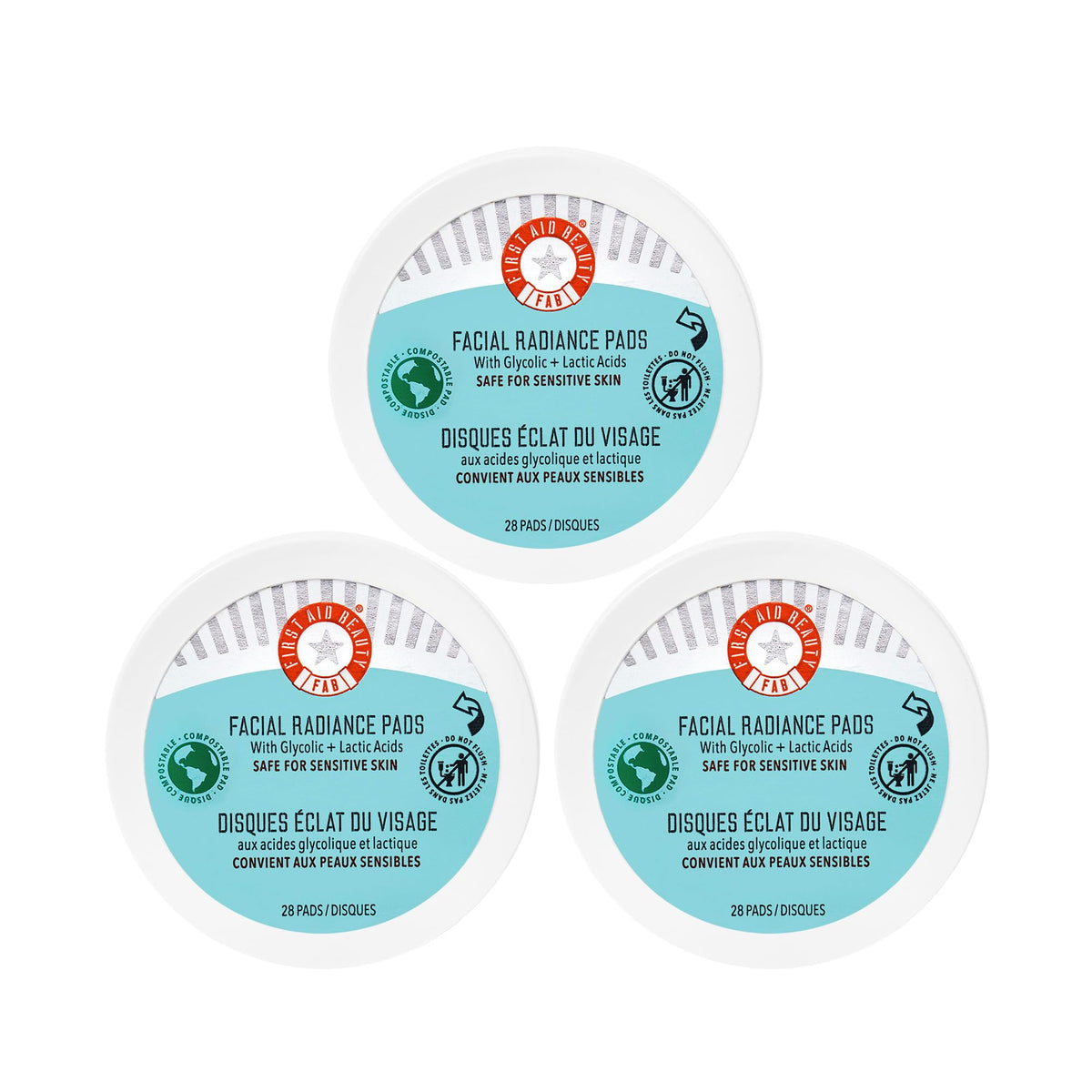 First Aid Beauty Facial Radiance Pads packaging highlights compostable design for daily use