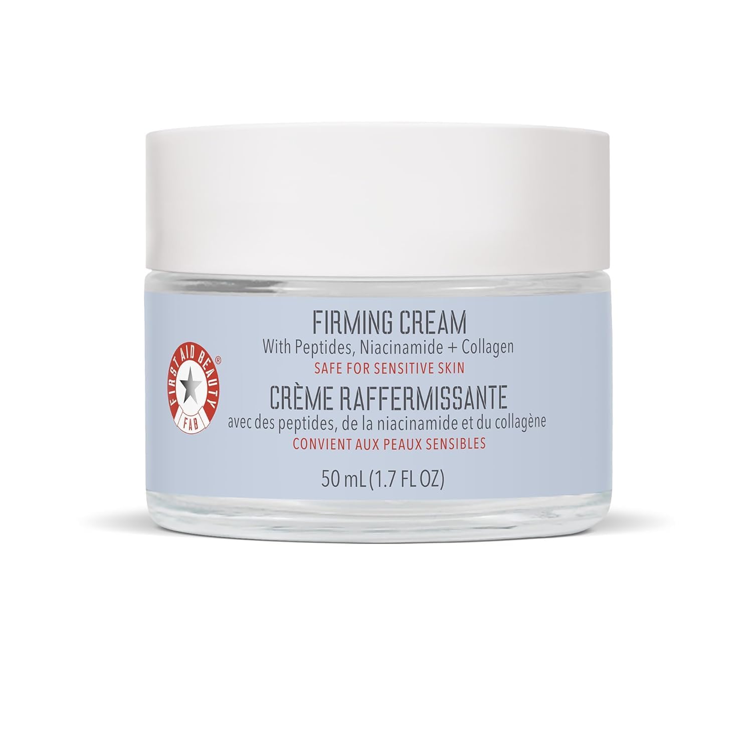 First Aid Beauty Firming Collagen Cream jar close-up showing creamy hydration.