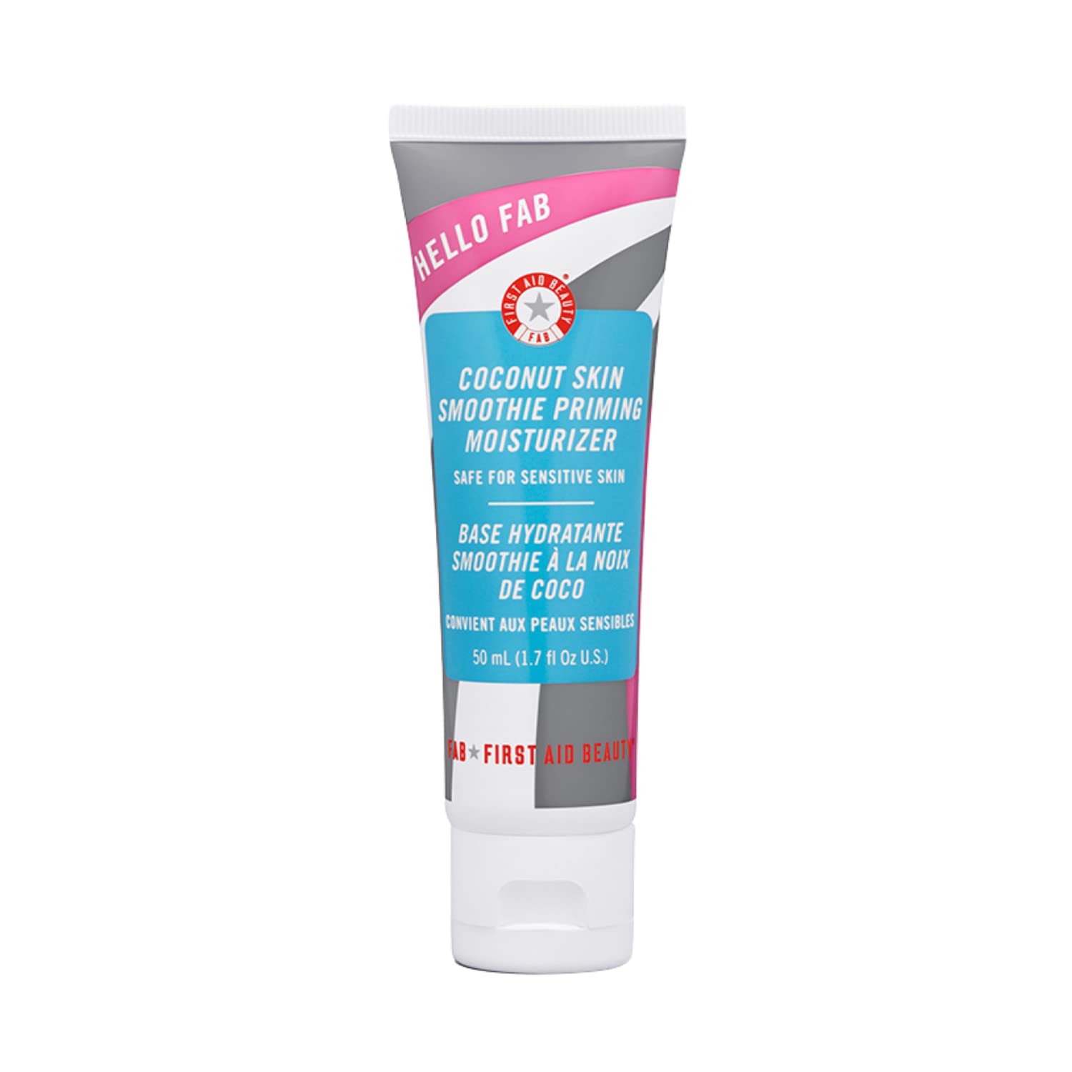 First Aid Beauty Hello FAB coconut-skin smoothie bottle showing hydrating primer for dewy skin.