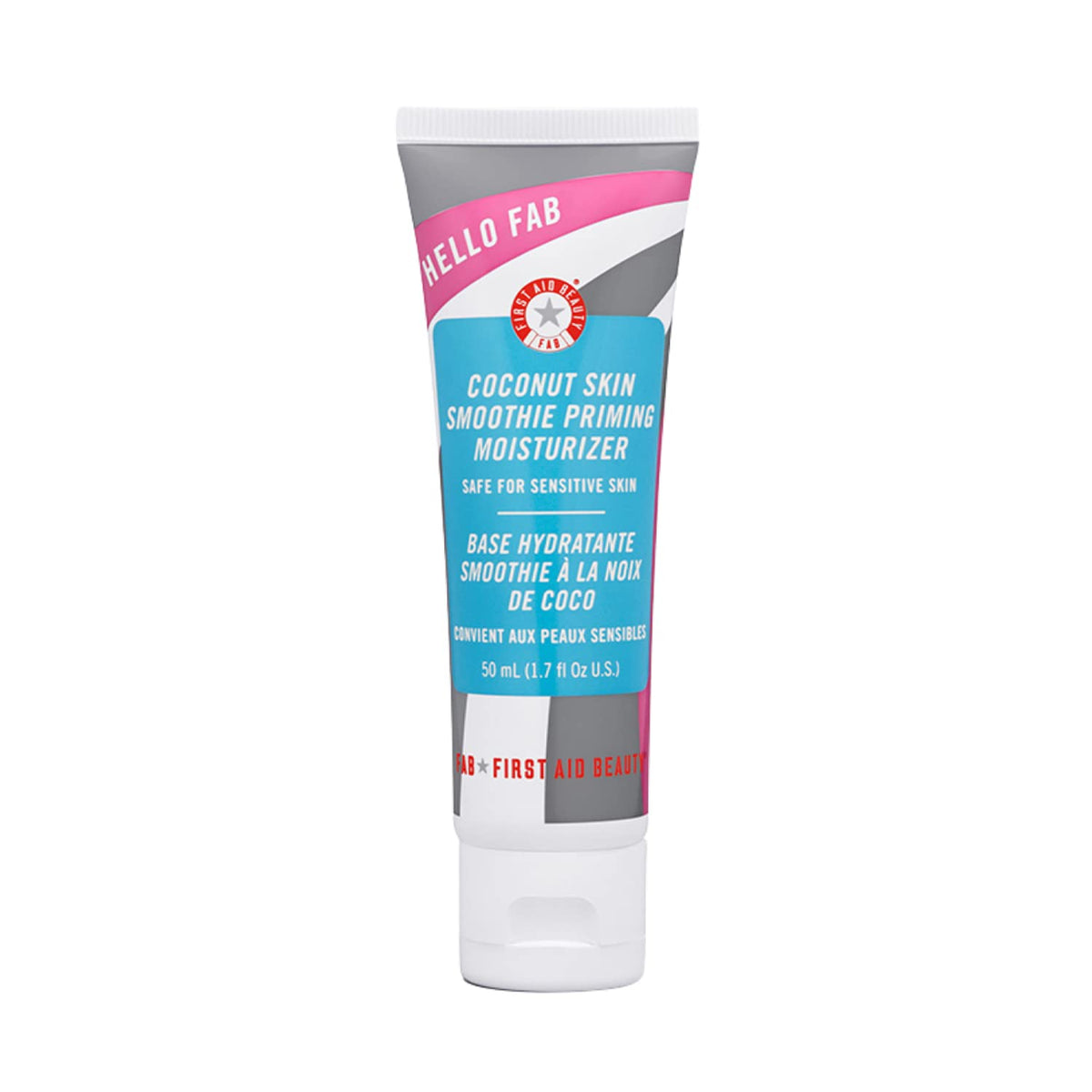First Aid Beauty Hello FAB coconut-skin smoothie bottle showing hydrating primer for dewy skin.