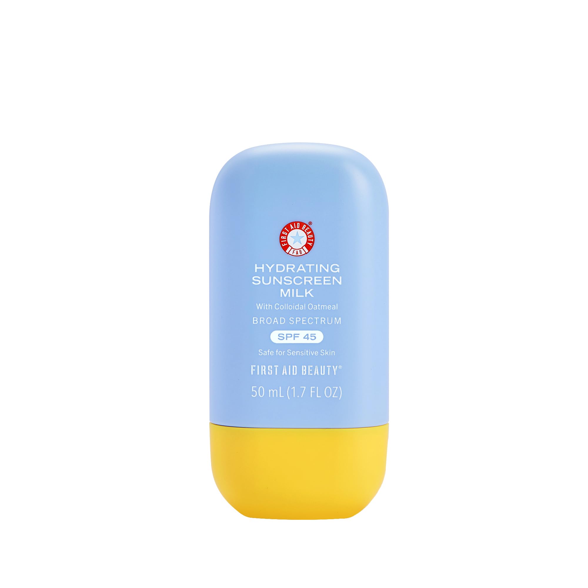 First Aid Beauty Hydrating Sunscreen Milk bottle pour for quick, seamless SPF application