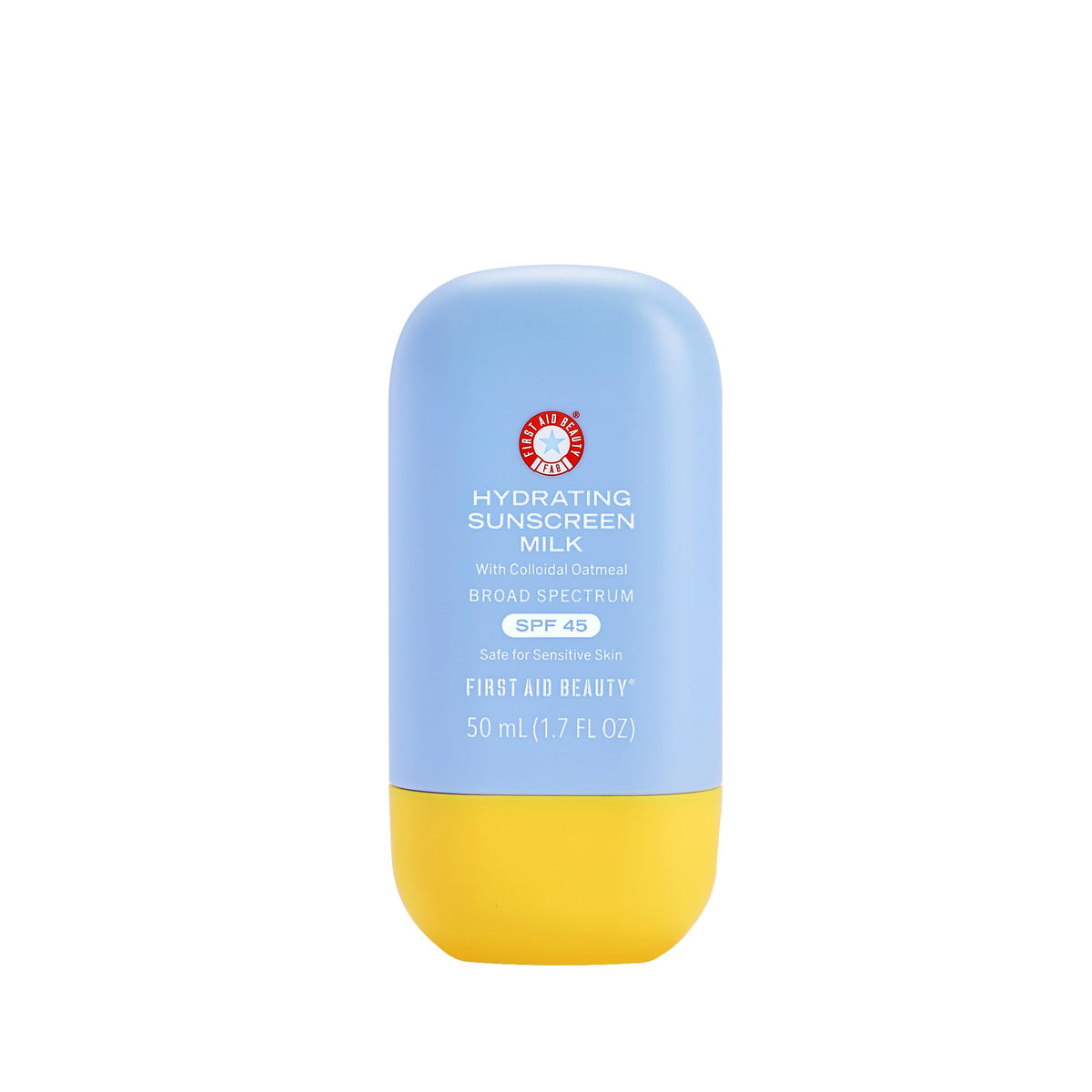 First Aid Beauty Hydrating Sunscreen Milk bottle pour for quick, seamless SPF application