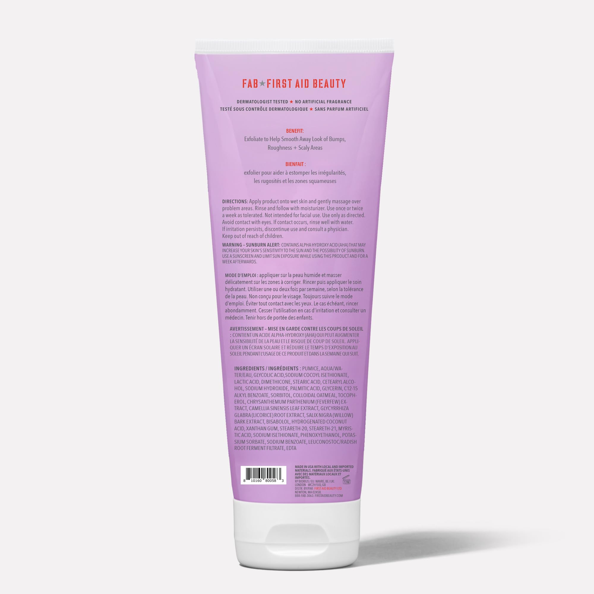 8 oz jar of First Aid Beauty KP Bump Eraser on bathroom shelf.