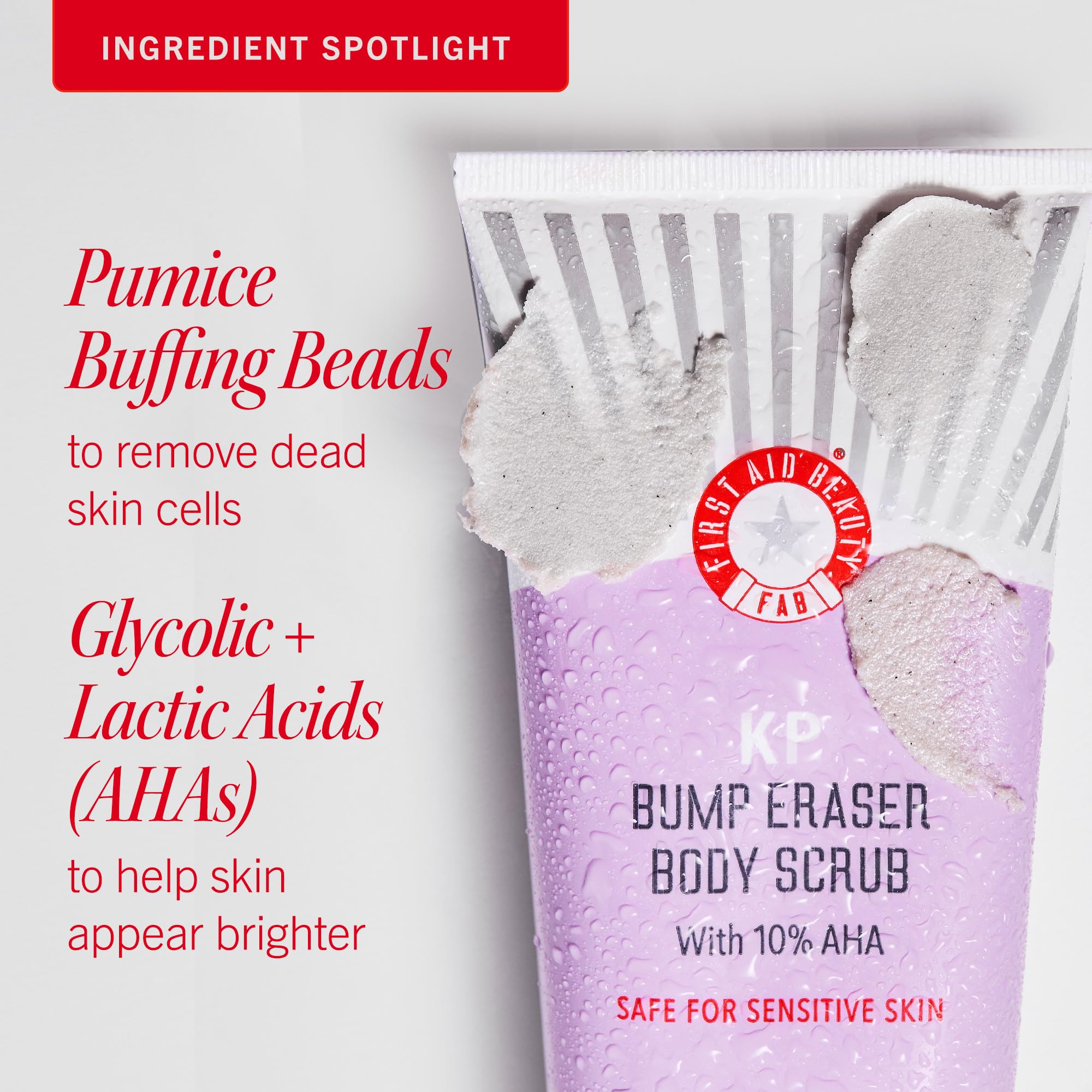 First Aid Beauty KP Bump Eraser beads photo shows natural pumice exfoliation.