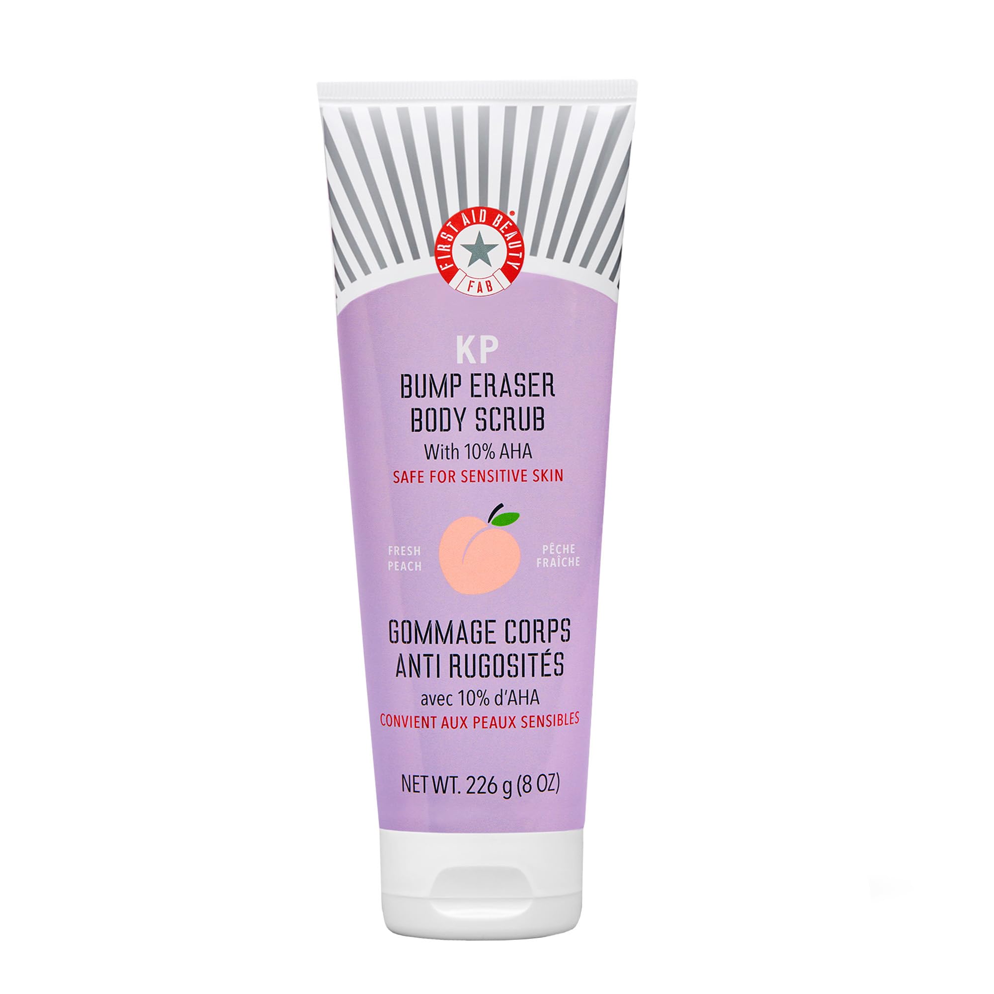 First Aid Beauty KP Bump Eraser jar closeup shows exfoliating texture for smoother skin.