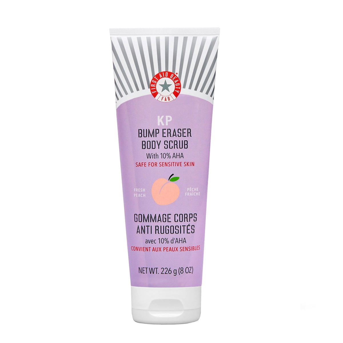 First Aid Beauty KP Bump Eraser jar closeup shows exfoliating texture for smoother skin.