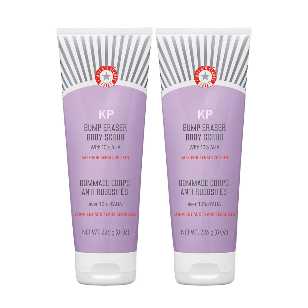 First Aid Beauty KP Bump Eraser pack shot highlights a 2-pack with gentle AHA exfoliation.