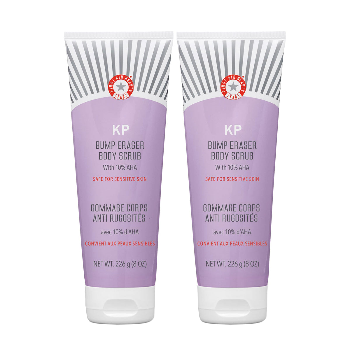 First Aid Beauty KP Bump Eraser pack shot highlights a 2-pack with gentle AHA exfoliation.