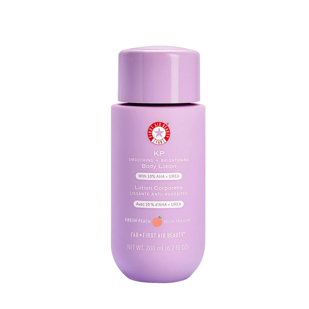 First Aid Beauty KP smoothing bottle close-up showing exfoliation for bump-prone skin.