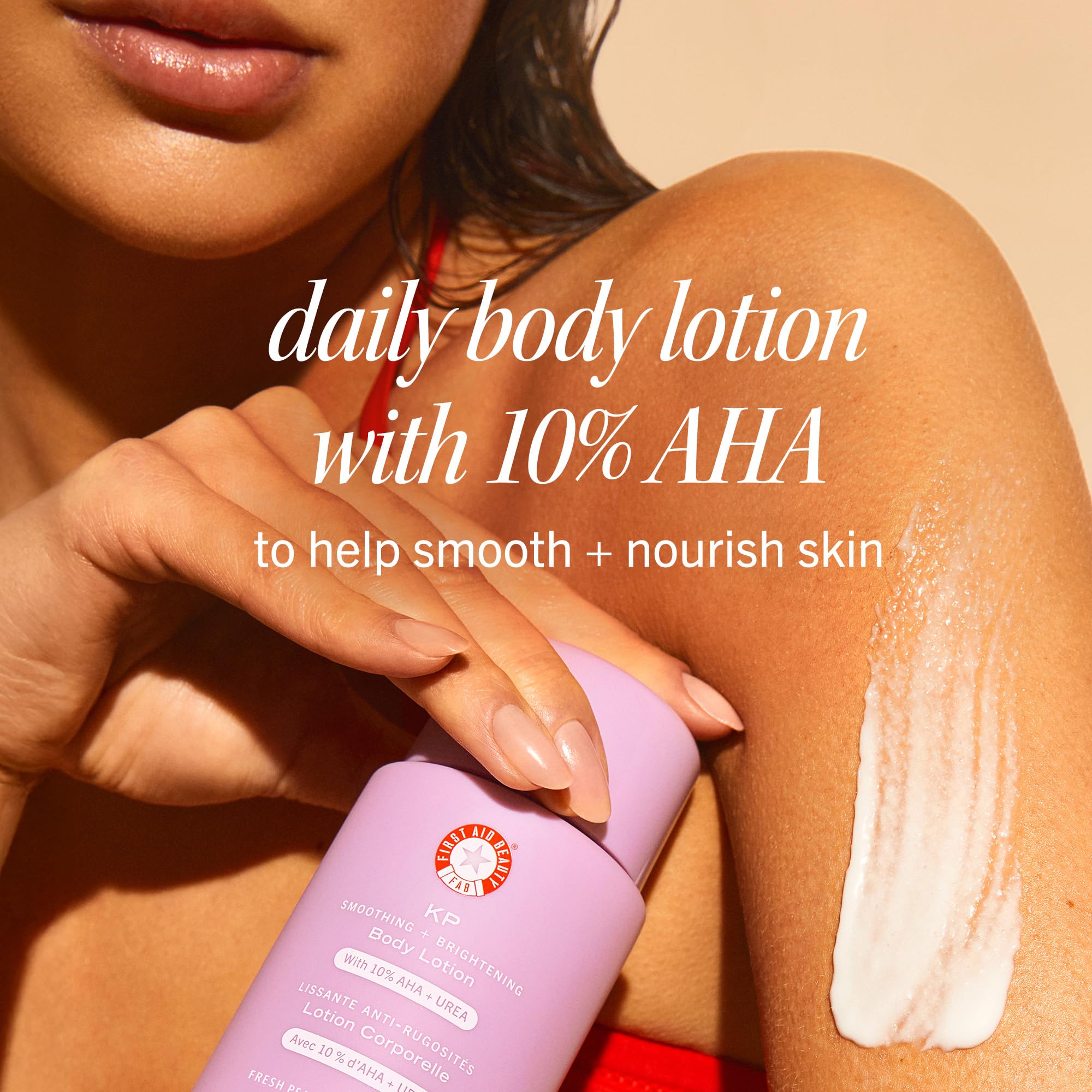 First Aid Beauty KP smoothing peach scent bottle highlights a refreshing fragrance for daily moisturization.