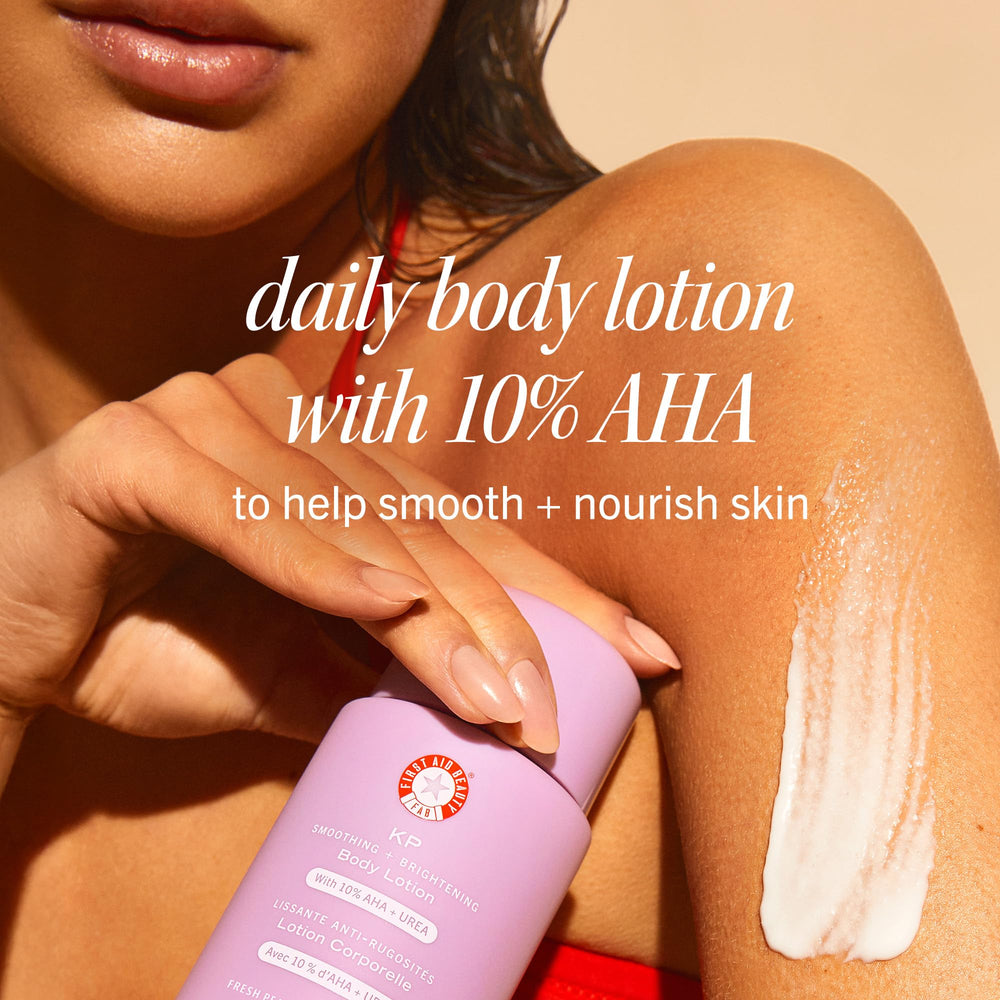 First Aid Beauty KP smoothing peach scent bottle highlights a refreshing fragrance for daily moisturization.