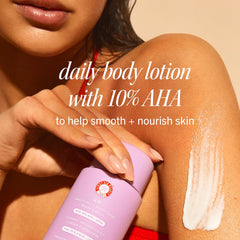 First Aid Beauty KP smoothing peach scent bottle highlights a refreshing fragrance for daily moisturization.