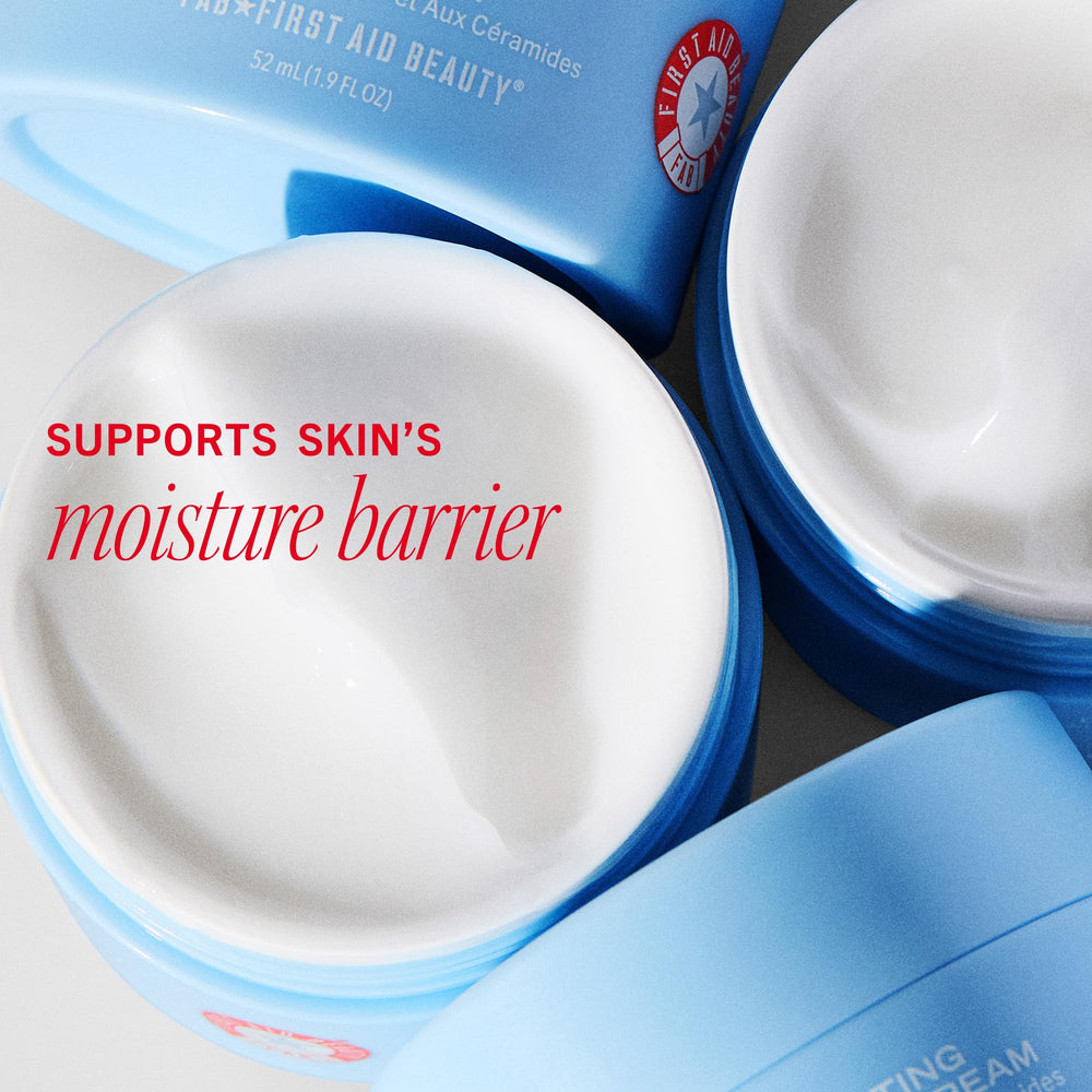 Non-comedogenic First Aid Beauty gel cream close-up indicating pore-friendly hydration.