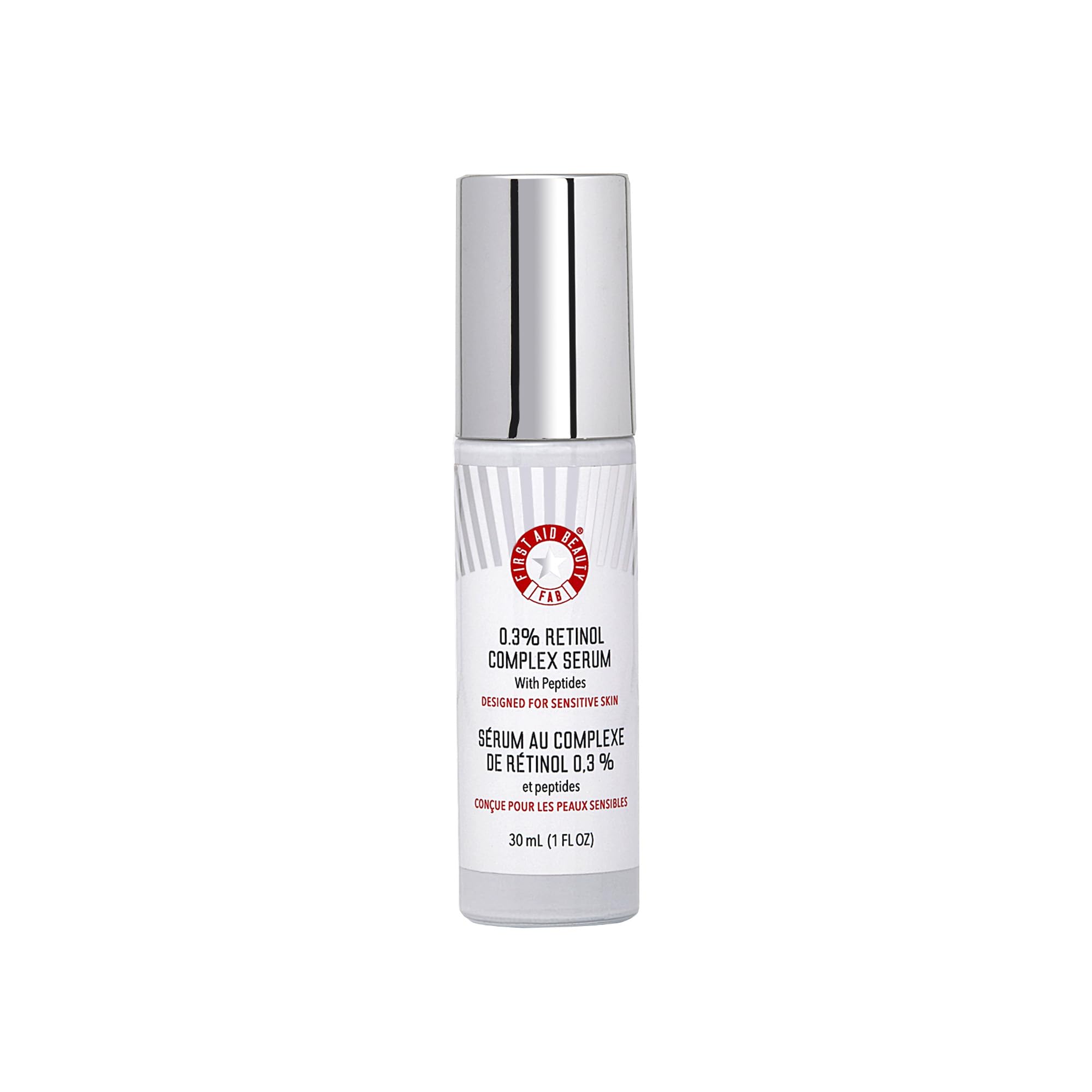 First Aid Beauty retinol complex serum bottle close-up showing gentle formula for sensitive skin