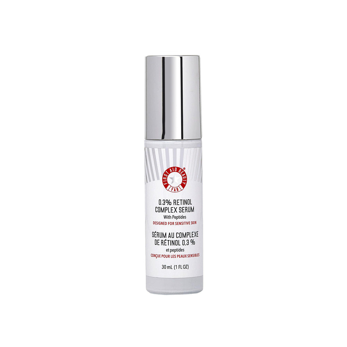 First Aid Beauty retinol complex serum bottle close-up showing gentle formula for sensitive skin