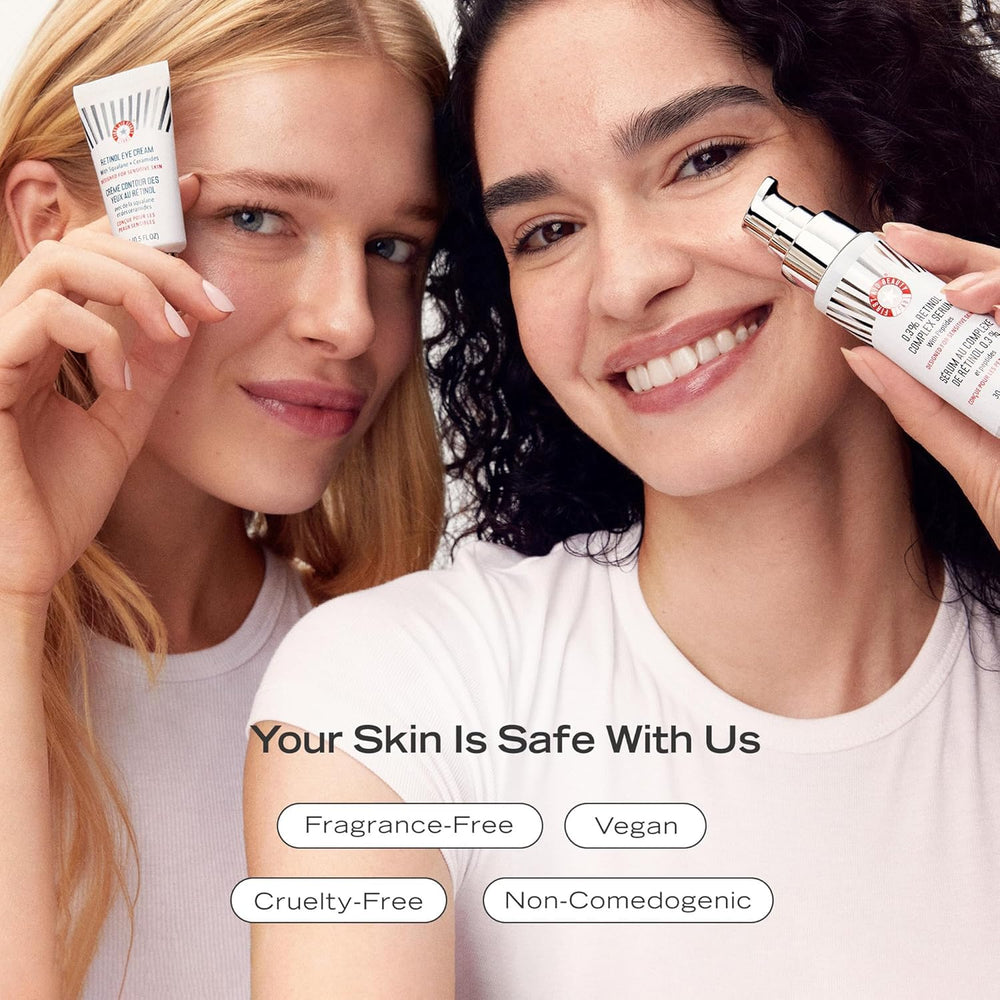 First Aid Beauty retinol complex serum no-color packaging emphasizes fragrance-free protection for sensitive skin