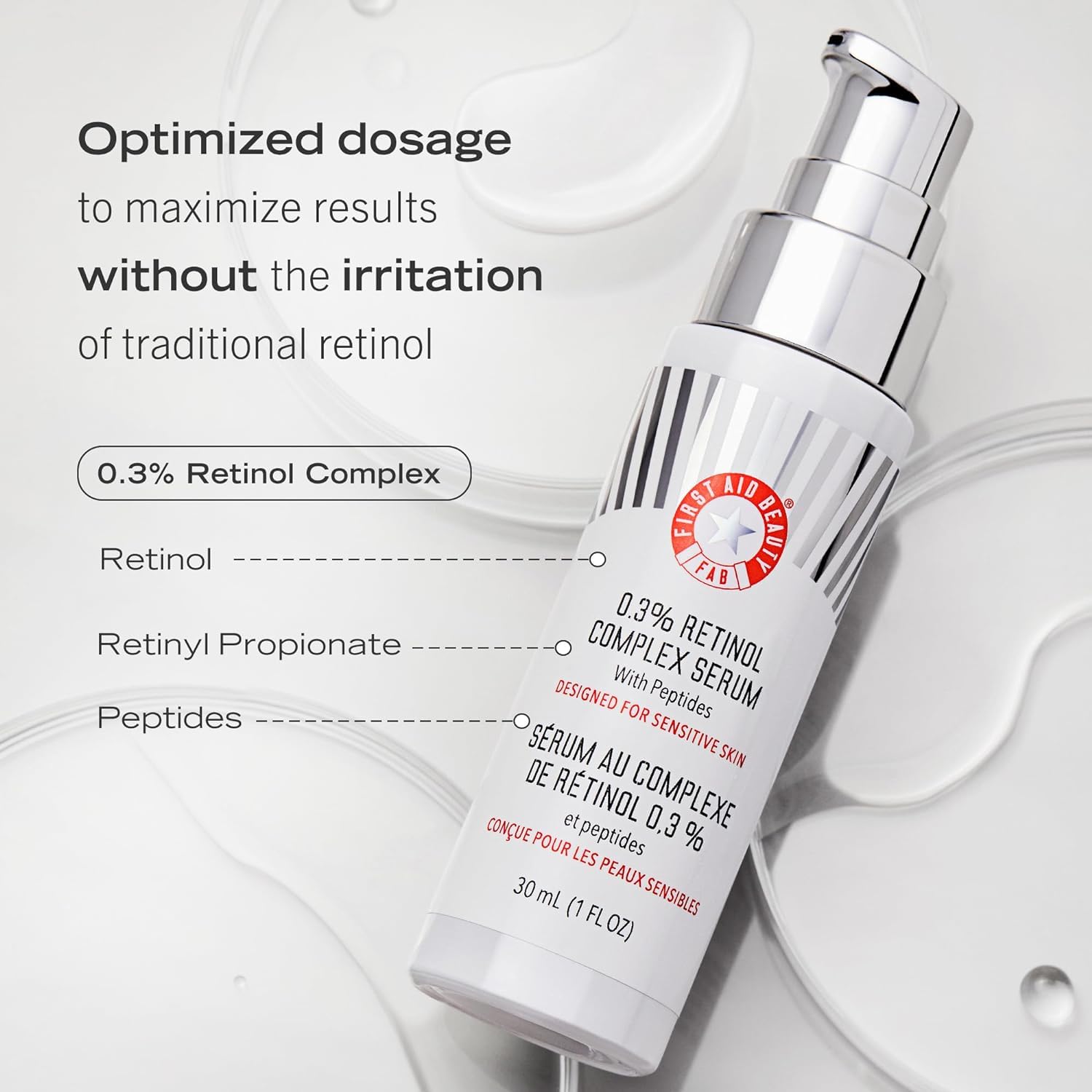 First Aid Beauty retinol complex serum texture swatch demonstrates non-greasy, lightweight feel