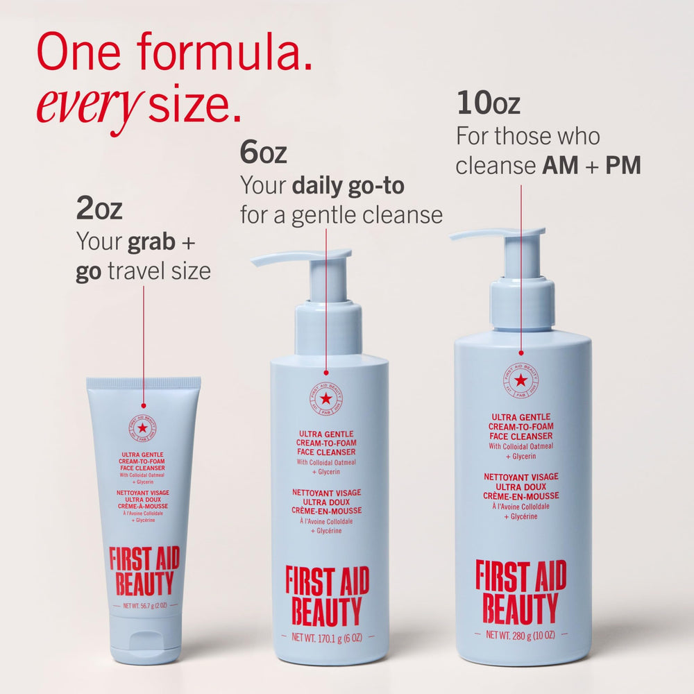 First Aid Beauty cleanser on bathroom shelf ready for daily use